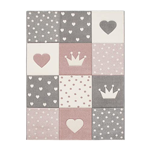 TT Home Kinderteppich Teppich Kinderzimmer Mädchen Kinder 3D Prinzessin Sterne Krone, Farbe: Grau Rosa Creme, Größe:160x230 cm von TT Home