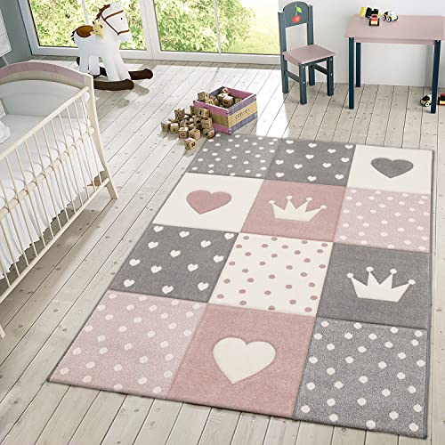 TT Home Kinderteppich Teppich Kinderzimmer Mädchen Kinder 3D Prinzessin Sterne Krone, Farbe: Grau Rosa Creme, Größe:200x290 cm von TT Home