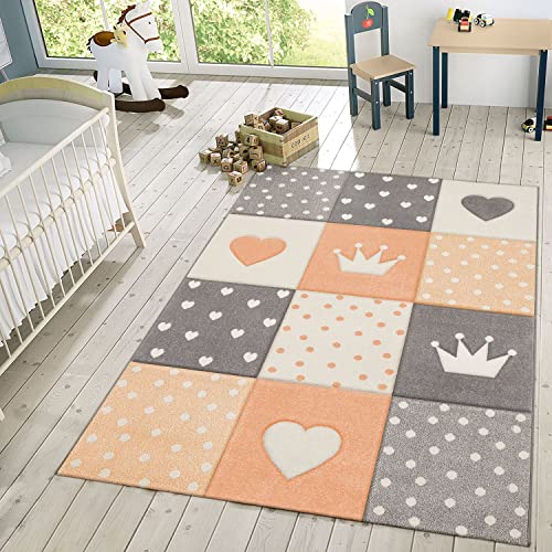 TT Home Kinderteppich Kinderzimmer Für Mädchen U. Jungen Mit Karo-Muster In Apricot Grau, Größe:80x150 cm von TT Home