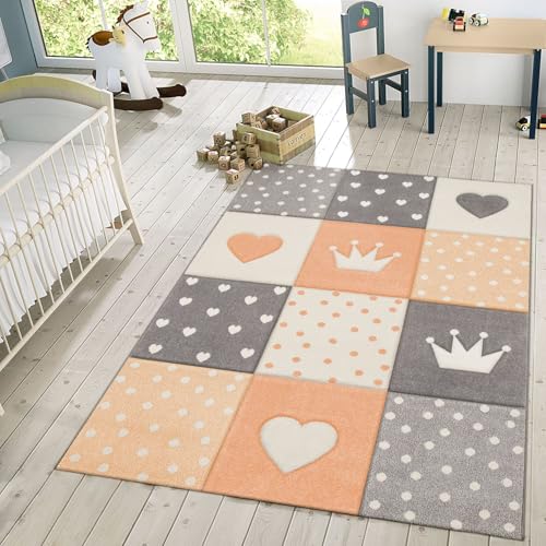 TT Home Kinderteppich Kinderzimmer Für Mädchen U. Jungen Mit Karo-Muster In Apricot Grau, Größe:80x150 cm von TT Home
