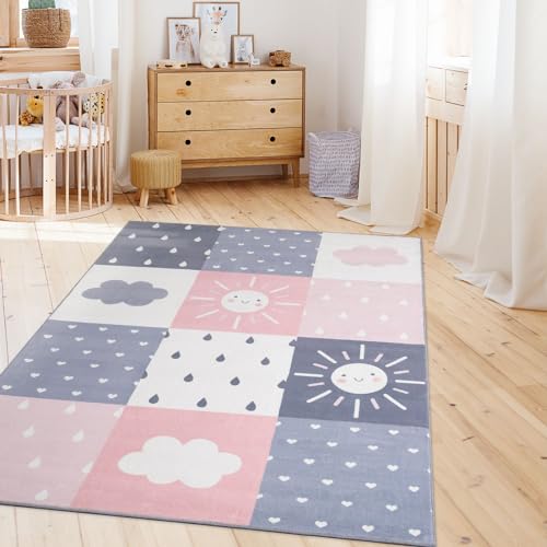 TT Home Kinderzimmerteppich Teppich Junge Mädchen Kinderteppich Baby Herzen Pastell, Farbe:Grau Rosa, Größe:140x200 cm von TT Home