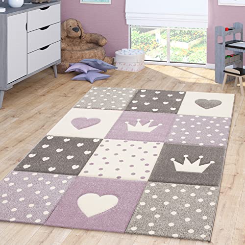 TT Home Kinderzimmer Teppich Junge Mädchen Kinderteppich Punkte Herz 3D Optik Pastell, Farbe:Lila, Größe:140x200 cm von TT Home