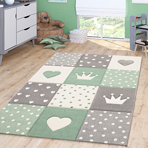 TT Home Kinderzimmer Teppich Junge Mädchen Kinderteppich Punkte Herz 3D Optik Pastell, Farbe:Gruen, Größe:160x230 cm von TT Home