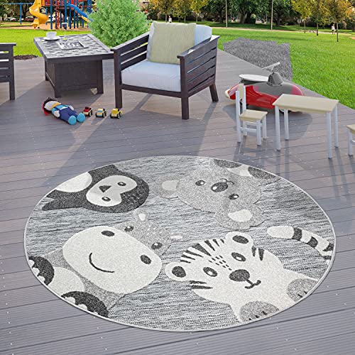 TT Home Kinderzimmer Kinder Outdoor Teppich Rund Spielteppich Tier Design Grau, Größe:Ø 120 cm Rund von TT Home