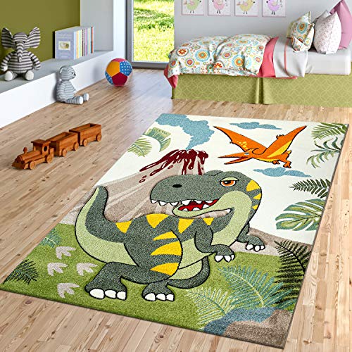 TT Home Kinderzimmer Kurzflor Teppich Dinosaurier Motiv Konturenschnitt Grün Modern, Größe:120x170 cm von TT Home