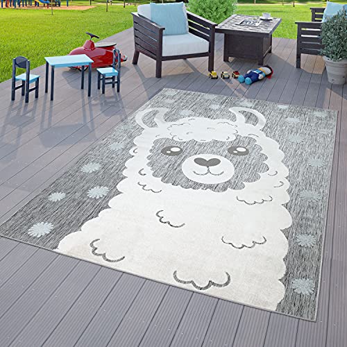 TT Home Kinderzimmer Outdoor Teppich Kinder Junge Mädchen Spielteppich Lama Design Grau, Größe:140x200 cm von TT Home