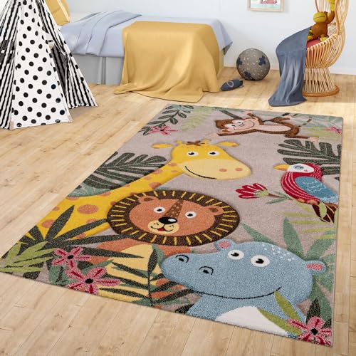 TT Home Kinderzimmer Teppich Junge Mädchen Kinderteppich Dschungel Tiere Modern, Farbe: Grün Beige Braun, Größe:140x200 cm von TT Home