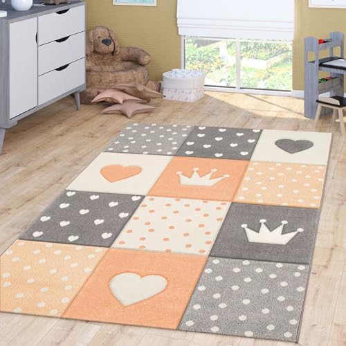 TT Home Kinderzimmer Teppich Junge Mädchen Kinderteppich Punkte Herz 3D Optik Pastell, Farbe: orange, Größe:80x150 cm von TT Home