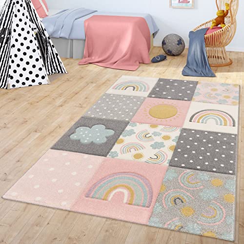 TT Home Kinderzimmer Teppich Kinderteppich Mit Regenbogen Wolken Muster Grau Rosa Creme von TT Home