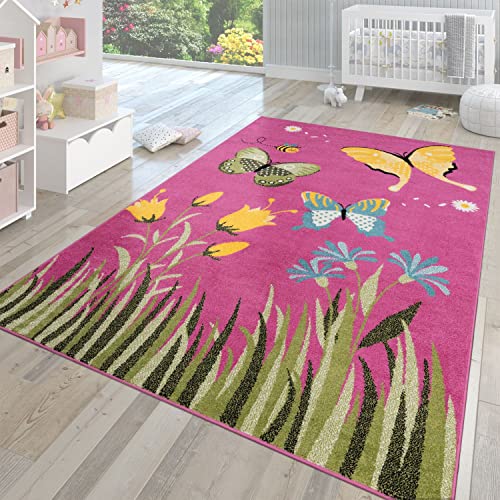 TT Home Kinderzimmer Teppich Kurzflor Modernes Mehrfarbiges Motiv Pink Schmetterlinge, Größe:80x150 cm von TT Home