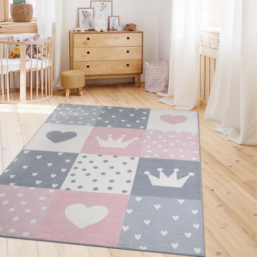 TT Home Kinderzimmerteppich Teppich Junge Mädchen Kinderteppich Baby Herzen Pastell, Farbe:Grau Rosa Beige, Größe:200x280 cm von TT Home