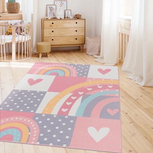 TT Home Kinderzimmerteppich Teppich Junge Mädchen Kinderteppich Baby Herzen Pastell, Farbe:Rot Blau Gelb Bunt, Größe:160x220 cm von TT Home