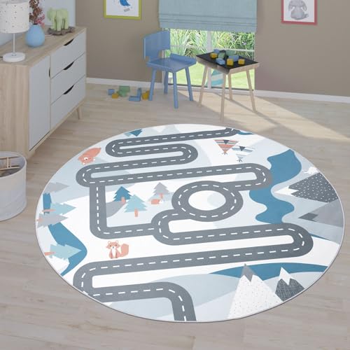 TT Home Kinderzimmerteppich Teppich Junge Mädchen Kinderteppich Baby rutschfest Straße, Farbe: Creme, Größe:200 cm Rund von TT Home
