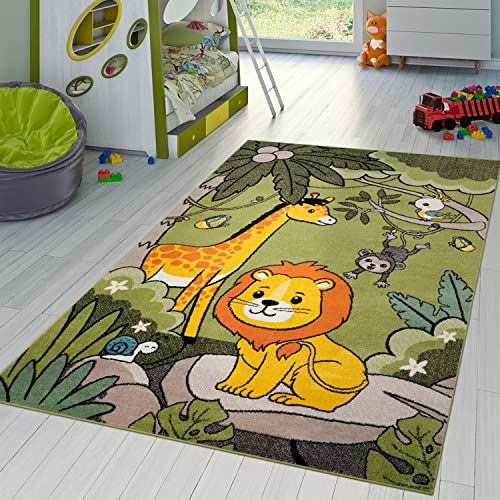 TT Home Moderner Kinderzimmer Teppich Zoo Tiere Elefant Giraffe Löwe AFFE Eule In Grün, Größe:160x220 cm von TT Home