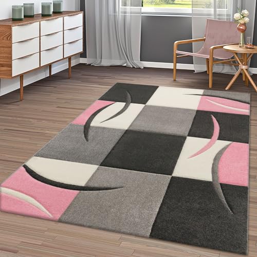 TT Home Moderner Teppich Wohnzimmer Kariert Trendig Pastell Pink Beige Grau Creme, Größe:80x150 cm von TT Home