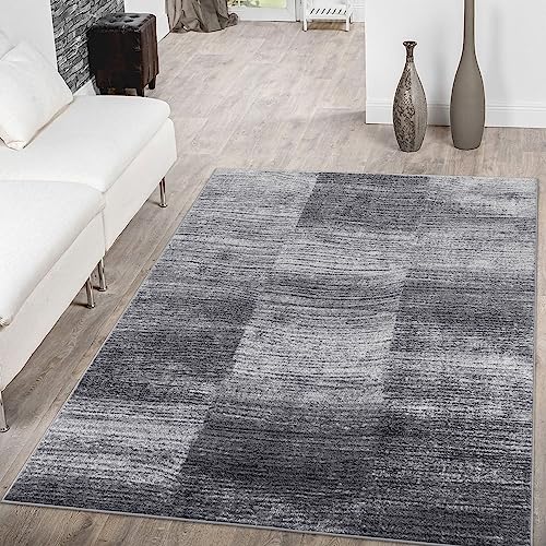 TT Home Moderner Wohnzimmer Teppich Grau Schwarz Anthrazit Meliert Karo Design Kurzflor, Größe:70x250 cm von TT Home