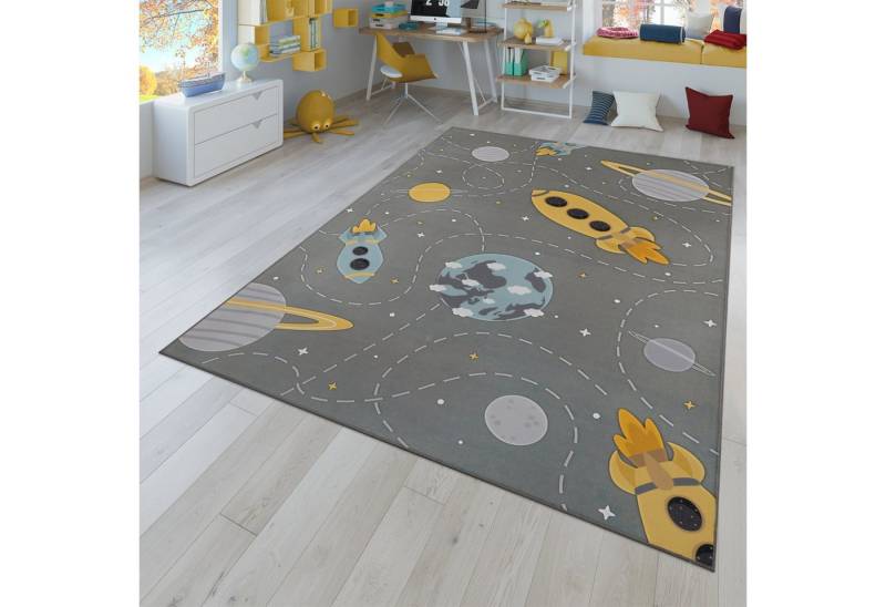 TT Home Teppich 10-348-24_80X150_Grau_Rechteckig, Rechteckig, Höhe: 4 mm, Kinderzimmerteppich Teppich Kinderteppich Rutschfest Planeten Sterne R von TT Home