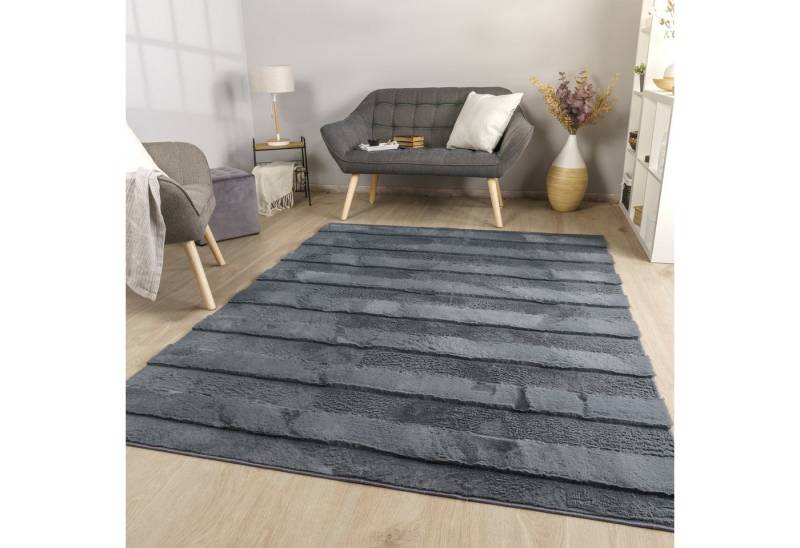 TT Home Teppich 10-516-4_60X100_Anthrazit_Rechteckig, Rechteckig, Höhe: 26 mm, Wohnzimmer Teppich Esszimmer Langflor Streifen Design Boho Skandi Opti von TT Home