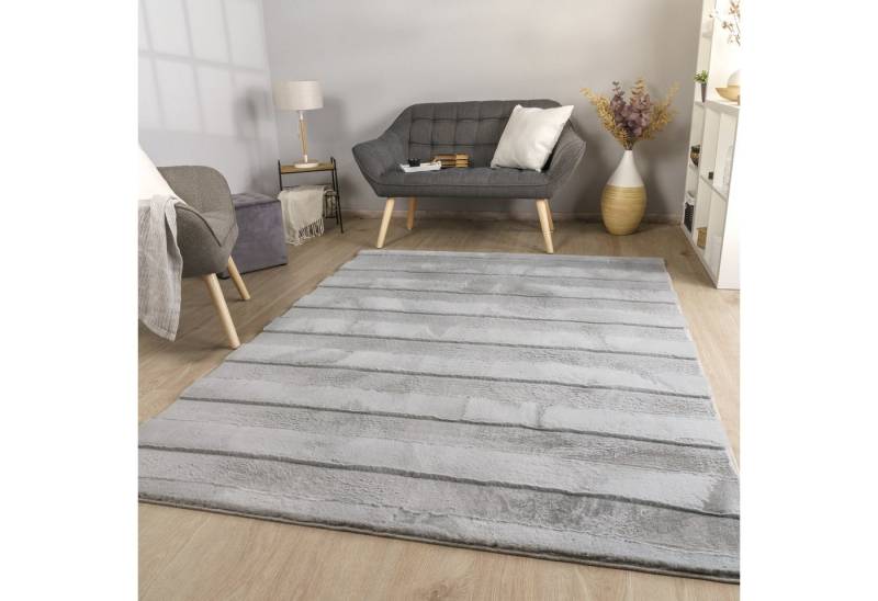 TT Home Teppich 10-516-4_60X100_Grau_Rechteckig, Rechteckig, Höhe: 26 mm, Wohnzimmer Teppich Esszimmer Langflor Streifen Design Boho Skandi Opti von TT Home