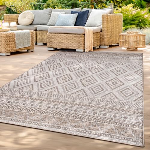 TT Home In-& Outdoor Teppich Wetterfest Balkon Küche Wohnzimmer Boho Rauten Design, Farbe: Beige 2, Größe:133x190 cm von TT Home