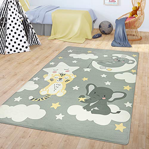 TT Home Teppich Kinderzimmer Kinderteppich Babymatte Koala Elefant Wolken Sterne Himmel Mond, Farbe:Grau, Größe:155x230 cm von TT Home