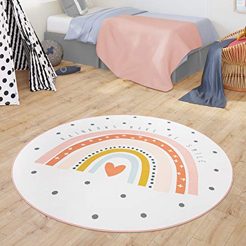 TT Home Teppich Kinderzimmer Kinderteppich Babymatte Regenbogen Motiv Mit Herz Design, Farbe:Creme, Größe:80 cm Rund von TT Home
