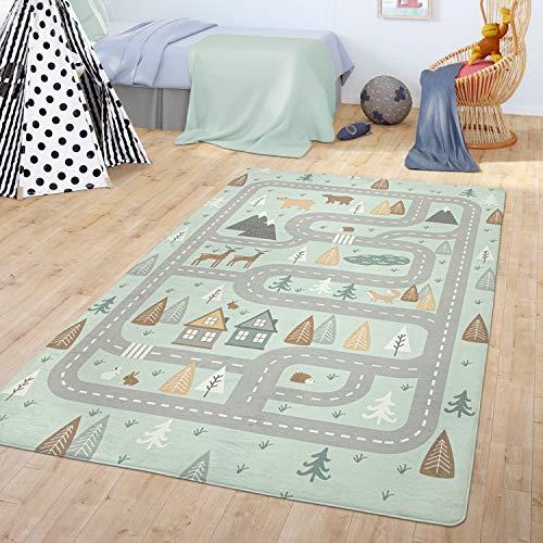 TT Home Teppich Kinderzimmer Kinderteppich Babymatte Straßen Motiv Tiere Wald Haus Junge, Farbe:Türkis, Größe:80x150 cm von TT Home