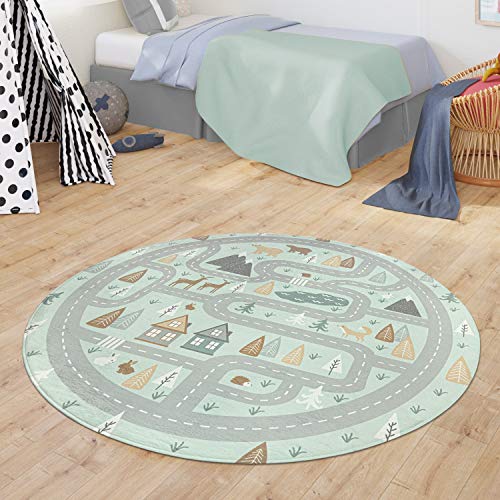 TT Home Teppich Kinderzimmer Kinderteppich Babymatte Straßen Motiv Tiere Wald Haus Junge, Farbe:Türkis, Größe:150 cm Rund von TT Home