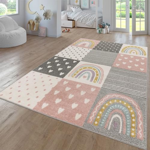 TT Home Teppich Kinderzimmer Kinderzimmerteppich Junge Mädchen Kinderteppich Modern Soft, Farbe:Grau Rosa Creme, Größe:240x340 cm von TT Home