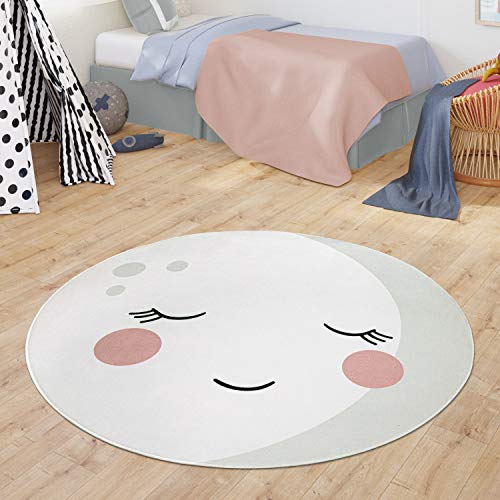 TT Home Teppich Kinderzimmer Runder Teppich Babymatte Jungs Mädchen Modernes Mond Design, Farbe:Creme, Größe:150 cm Rund von TT Home
