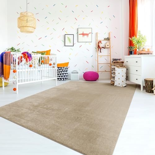 TT Home Teppich Kinderzimmer Waschbar rutschfest Kinderteppich Junge Mädchen Weich Pastell, Farbe: Dunkelbeige, Größe:200 cm Rund von TT Home