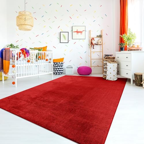 TT Home Teppich Kinderzimmer Waschbar rutschfest Kinderteppich Junge Mädchen Weich Pastell, Farbe: Rot, Größe:160 cm Rund von TT Home