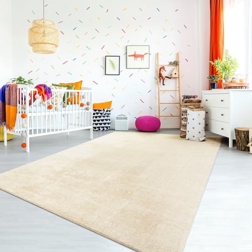 TT Home Teppich Kinderzimmer Waschbar rutschfest Kinderteppich Junge Mädchen Weich Pastell, Farbe: Creme, Größe:120 cm Rund von TT Home