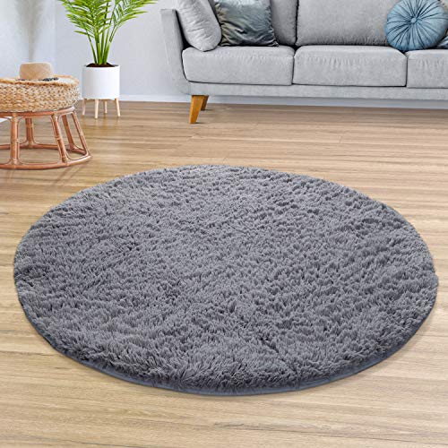 TT Home Teppich Wohnzimmer Hochflor Langflor Weich Soft Modernes Einfarbiges Design, Farbe: Grau, Größe:200 cm Rund von TT Home