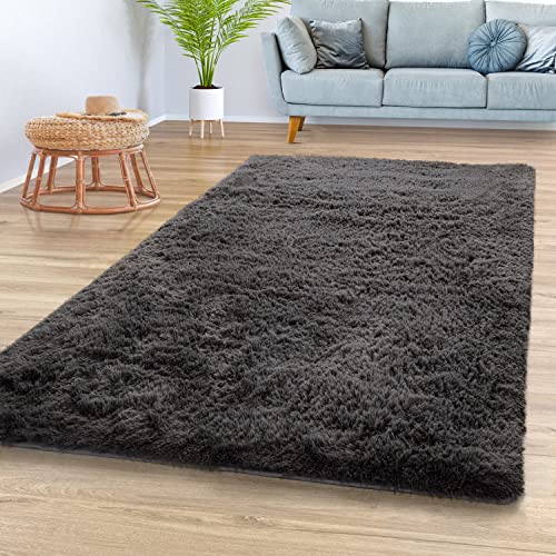 TT Home Teppich Wohnzimmer Hochflor Langflor Weich Soft Modernes Einfarbiges Design, Farbe: Grau Anthrazit, Größe:120x170 cm von TT Home