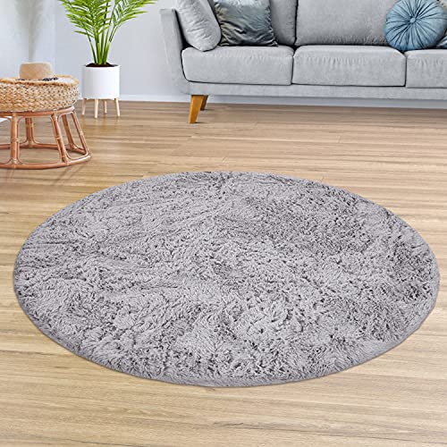 TT Home Teppich Wohnzimmer Hochflor Langflor Weich Soft Modernes Einfarbiges Design, Farbe: Grau Silber, Größe:120 cm Rund von TT Home