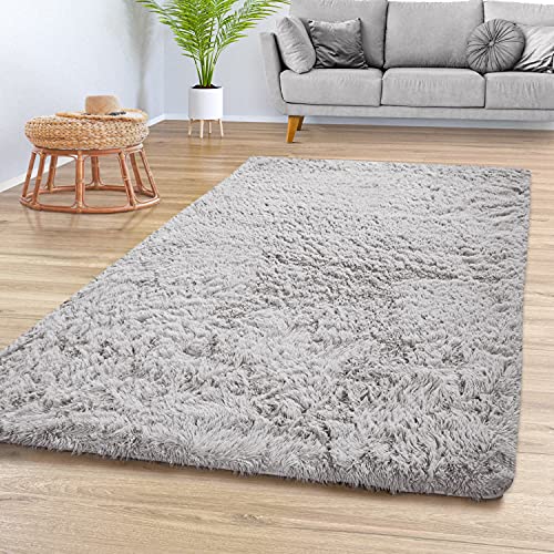 TT Home Teppich Wohnzimmer Hochflor Langflor Weich Soft Modernes Einfarbiges Design, Farbe: Grau Silber, Größe:140x200 cm von TT Home