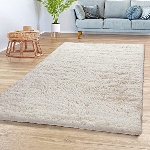 TT Home Teppich Wohnzimmer Hochflor Langflor Weich Soft Modernes Einfarbiges Design, Farbe: Hellbeige Creme, Größe:140x200 cm von TT Home