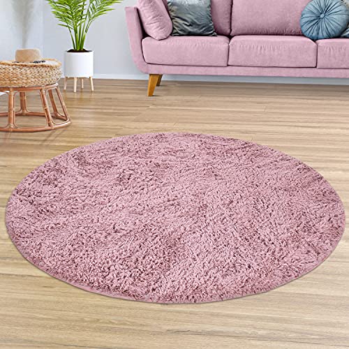 TT Home Teppich Wohnzimmer Hochflor Langflor Weich Soft Modernes Einfarbiges Design, Farbe: Rosa, Größe:120 cm Rund von TT Home