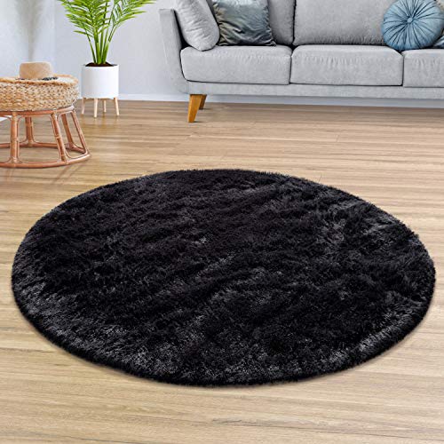 TT Home Teppich Wohnzimmer Hochflor Langflor Weich Soft Modernes Einfarbiges Design, Farbe: Schwarz, Größe:160 cm Rund von TT Home