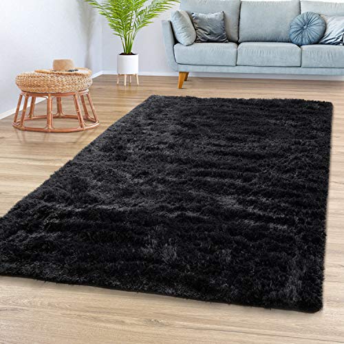 TT Home Teppich Wohnzimmer Hochflor Langflor Weich Soft Modernes Einfarbiges Design, Farbe: Schwarz, Größe:80x150 cm von TT Home