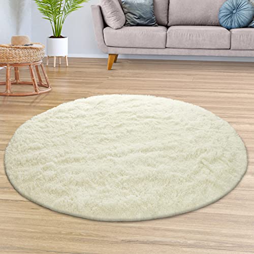 TT Home Teppich Wohnzimmer Hochflor Langflor Weich Soft Modernes Einfarbiges Design, Farbe:Weiß, Größe:120 cm Rund von TT Home