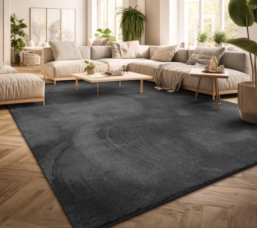 TT Home Wohnzimmer Teppich Kurzflor Anti-Rutsch Rückseite Unifarben Modern Waschbar, Farbe: Anthrazit, Größe:240x340 cm von TT Home
