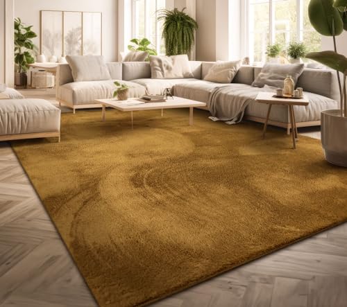 TT Home Wohnzimmer Teppich Kurzflor Anti-Rutsch Rückseite Unifarben Modern Waschbar, Farbe: Dunkelgelb Senfgelb, Größe:80 cm Rund von TT Home