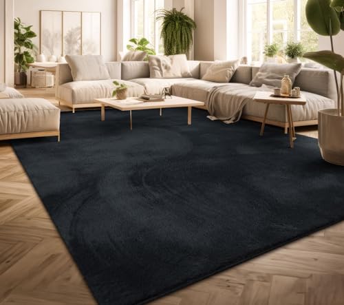 TT Home Teppich Wohnzimmer Kurzflor Einfarbig Modernes Design Waschbar, Farbe: Blau Navy, Größe:160x220 cm von TT Home