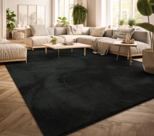 TT Home Teppich Wohnzimmer Kurzflor Einfarbig Modernes Design Waschbar, Farbe: Schwarz, Größe:140x200 cm von TT Home