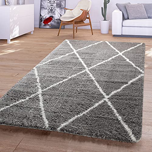 TT Home Teppich Wohnzimmer Shaggy Hochflor Mit Weißem Rauten Design Einfarbig, Grau, Größe:120x160 cm von TT Home