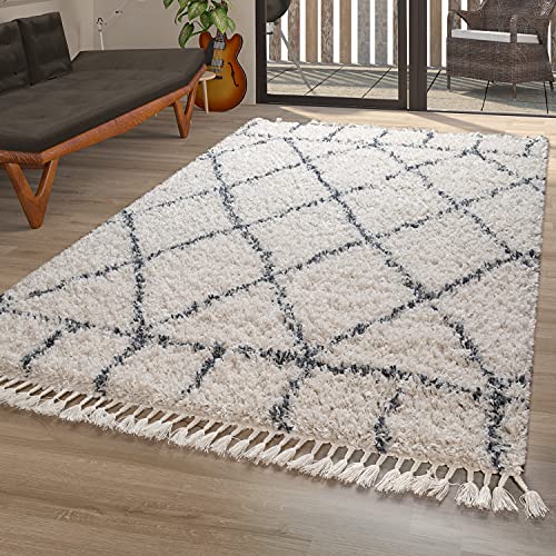 TT Home Teppich Wohnzimmer Shaggy Modern Rautenmuster Hochflor Karo In Creme Blau, Größe:120x170 cm TT Home Teppich Wohnzimmer Shaggy Modern Rautenmuster Hochflor Karo In Creme Blau, Größe:120x170 cm von TT Home
