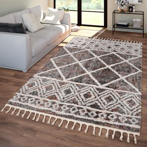 TT Home Wohnzimmer Esszimmer Teppich Hochflor Mit Fransen Ethno Skandinavisches Design, Farbe: Grau Beige Creme, Größe:140x200 cm von TT Home