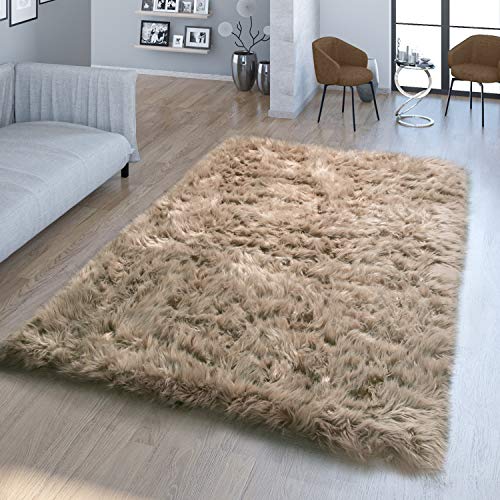 TT Home Wohnzimmer Hochflor Teppich Kunst-Fell Design Versch. Formen Unifarben, In Beige, Größe:90 cm Rund von TT Home